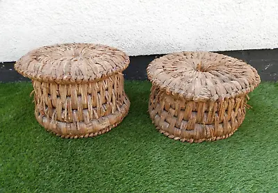 £35 • Buy Pair Vintage 1970's DISTRESSED Woven Straw Stool Wicker Plant Stand Hand Crafted