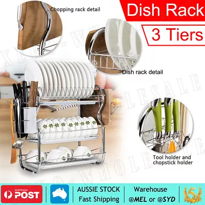 3 Tier Kitchen Dish Rack Plate Cup Drying Drainer Tray Cutlery Holder Storage AU • $26.55