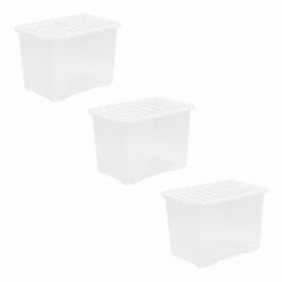 3 X 80 Litres CLEAR PLASTIC Large Storage Box With Lids Strong Nestable • £32.99