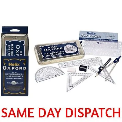 Helix Oxford Set Of Mathematical Instruments TinCase Compass Pencil Ruler Eraser • £7.99