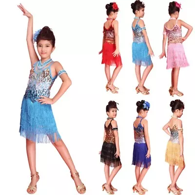 Kids Girls Tassel Latin Dress Sequin Ballroom Salsa Dancing Dress Flapper Dress • $30.98