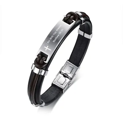 Men Bracelet Genuine Leather Wristband Christian Lord Bible Matthew 28:20 Prayer • $21.70