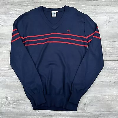 VTG Ocean Pacific Sweater Mens Large Navy Blue Red Striped Vneck Tennis Preppy • $29.69