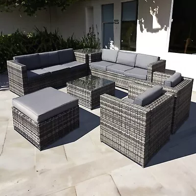 Malta Outdoor Garden Furniture Patio 9 Seat Rattan Sofa U-Shape Set Walnut Grey • £799