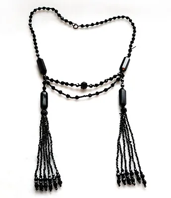 Antique Victorian Mourning Jet Glass Necklace Beaded Double Tassels Faceted Bead • $135
