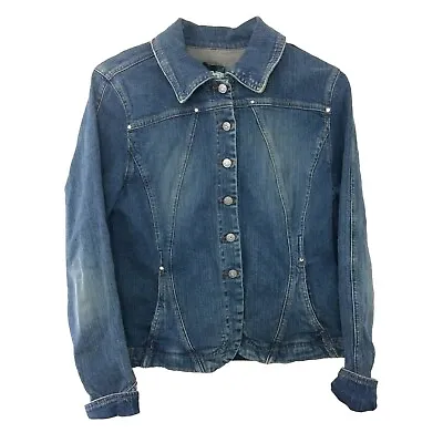 Live A Little Womens Denim Jean Jacket Sz Medium Blue Button Up Coat Medium Wash • $18.40