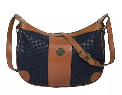Vintage John Romain Navy Blue Brown Leather Crescent Two Tone Handbag Crossbody • $23.99