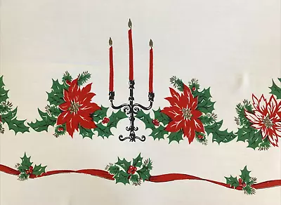 Vtg Mid Century Hand Print CHRISTMAS TABLECLOTH Red Poinsettia Candles 52x60 • $21.99