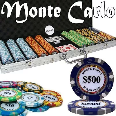 500 Ct Monte Carlo 14g Poker Chips 2 Card Decks Dealer Button Storage Case • $166.99