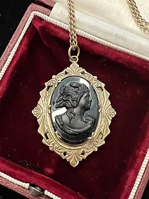 Antique Victorian Gold Filled Necklace And Black Glass Mourning Cameo Locket Set • $89