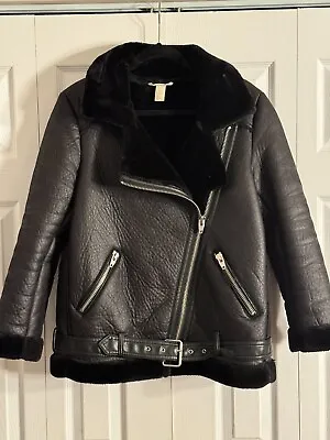 H&M Black Bomber Aviator Style Jacket Faux Leather & Fur Size 10 • $20.41