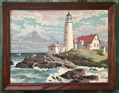 Vintage Paint By Number Lighthouse Coastal Seaside Painting Framed Large 27 X 21 • $119.95