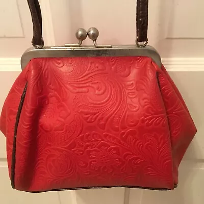 Vintage Chic Red /brown LEATHER Handbag Cute Medium Boho 70s?  80s? Western? • $29.99
