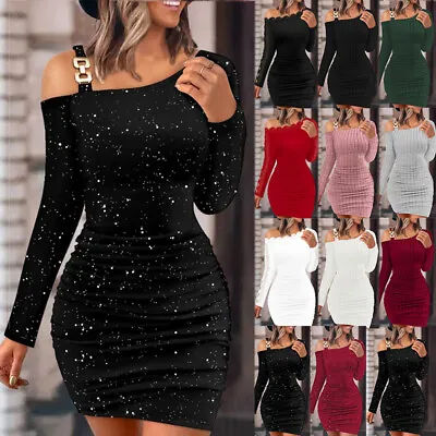 Womens Cold Shoulder Sequin Ribbed Mini Dress Party Evening Cocktail Bodycon • £3.49