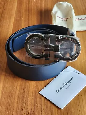 $575 New Salvatore Ferragamo Mens Big Buckle Gancini Leather Belt Blue 38 • $375