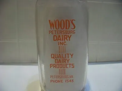 $14.99 • Buy Vintage Wood's Dairy Milk Bottle Petersburg VA Virginia Advertising Glass Bottle