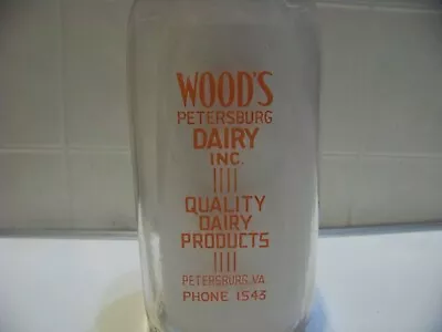 $14.99 • Buy Vintage Wood's Dairy Milk Bottle Petersburg VA Virginia Advertising Glass Bottle