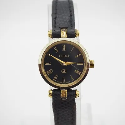 Gucci Black Line Watch Swiss Made Vintage Quartz Black Gold Ladies 21mm Round • $101.15