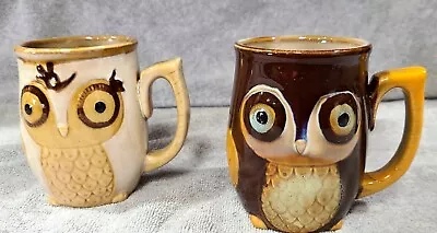 Set Of 2 - Brown & Cream Gibson Home Ceramic Owl Mugs Coffee Cups Vintage Style • $14.99