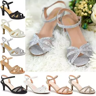 Womens Low Mid Heels Wedding Shoes Glitter Diamante Bridal Sandals Comfortable • £16.99