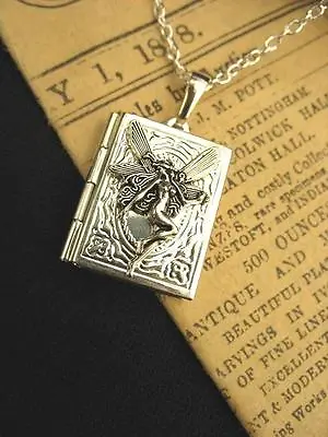 Silver Fairy Spells Book Photo LOCKET Necklace Pendant Antique Steampunk Vintage • $12.43