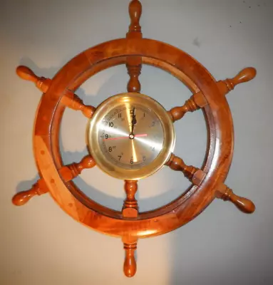 Vintage Brassom Wood Ships Wheel Brass Quartz Clock • $19.99