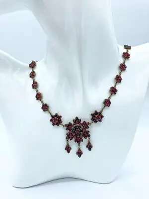 Fabulous Victorian Bohemian Garnet Necklace W Floral Motif & Dangles 18  • $700