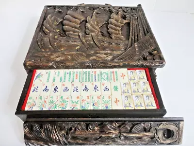 BAMBOO & OXEN BONE MAH  JONG SET IN OUTRAGEOUS CARVED CHINESE WOOD CASE 1920s • $339