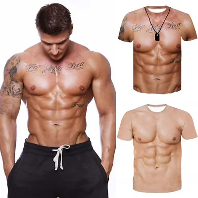 Men's Summer Muscle 3D Digital Print T-Shirt Funny Short Sleeve Fake Tattoo Tops • £5.99