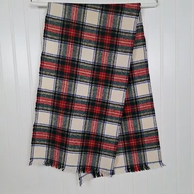 Vintage Mens Tartan Plaid Scarf W/ Fringe Cream Multicolor Wool (?) 11.75 X 46  • $16.98