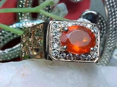 🔥 NATURAL MEXICAN FIRE OPAL RING UNISEX AAA+ 9x7mm  FACETED & WHITE SAPP 925 SS • $39.99