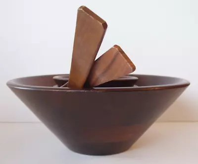 Vintage Large Walnut Wood Salad Bowl Four Individual Bowls And Serving Utensils • $60