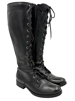 FRYE Melissa Tall Lace Up Boots Black Leather Combat Equestrian 77015 Size 7.5 • $225