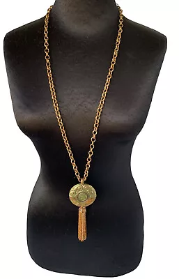 Chicos Statement Necklace Long Chunky Chain W/Round Medallion In Gold Green • $19.99