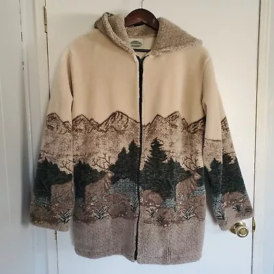 Pine Cone Designs Fleece Jacket Women's L Beige Brown Green Nature Elk • $39