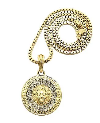 Iced Hip Hop Round Medusa Pendant W/ 2mm 24  Box Chain Hip Hop Necklace RC55 • $13.99