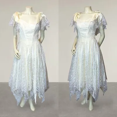 Vintage JC Penny Ivory Lace Handkerchief Midi Prom/Wedding Dress Size 9/10 • $65