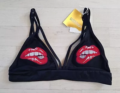 GOLDDIGGA Size 10 Black RED LIP EMBROIDERED BIKINI TOP Mesh LIPS PRINT Holiday  • £9.95