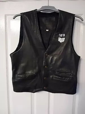 Vintage Textured Real Leather Waistcoat Vest Black Men's XL With Sergeant Badge • £9.99