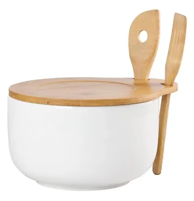 Salad Bowl Regular With Bamboo Lid And Spoons Serving Dish • £38.95