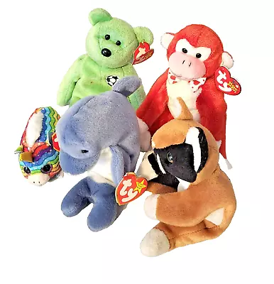 5-Piece Set Of RARE VINTAGE TY Beanie Babies CHIP/KICKS/STAR/VALENTINE/WAVES • $4.25