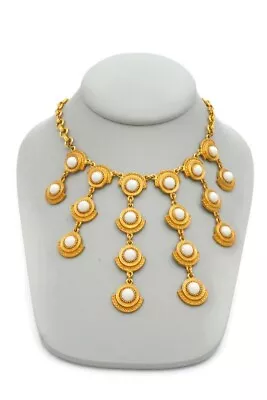 Vintage Necklace Gold Tone White Cabochon Etruscan 18  • $62.99