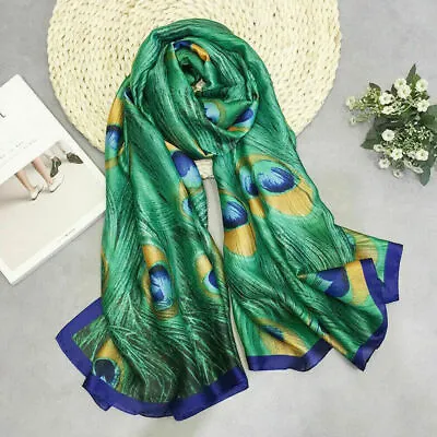 Women Chiffon Silk Scarf 90*180cm Green Peacock Feather Print Long Shawl Wrap • $8.07