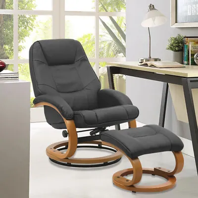 £195.99 • Buy Leather Recliner Chair Armchair Lounge Sofa Swivel Chair W/ Foot Stool Wood Base