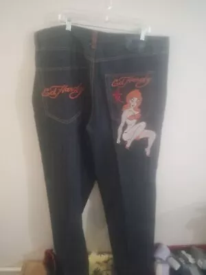 Men's Ed Hardy Jeans Dark Blue 44 X 36 NWOT Embroidered Pinup Girl Y2K • $92.09