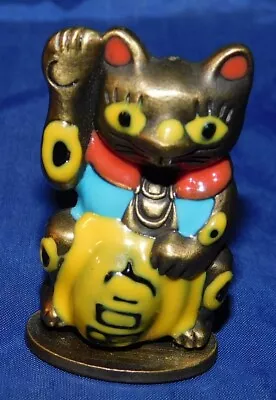 Vintage Lucky Cat Maneki-Neko  Enameled Bronze Brass SMALL FIGURINE • $21.99