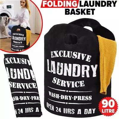 90L Large Folding Collapsible Laundry Hamper Foldable Clothes Bag Washing Basket • £8.49