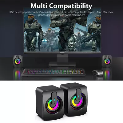 Computer Speakers Wired RGB Gaming Speaker For PC Laptop USB 2.0 Powered Stereo • £10.99