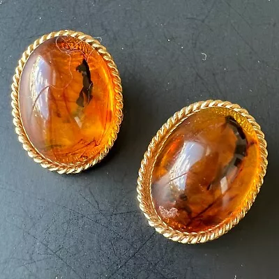 Signed LES BERNARD Vtg Amber Lucite Oval Cabochon Retro Gold Clip Earrings A907 • $5.50