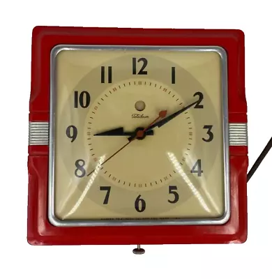 Vintage Mid-Century Art Deco Red TELECHRON Electric Wall Clock #2H11  WORKS  • $67